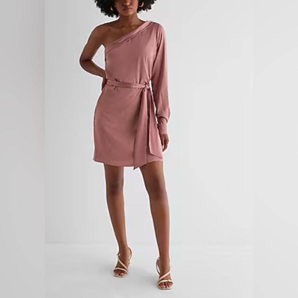 Satin One Shoulder Tie Waist Mini Dress